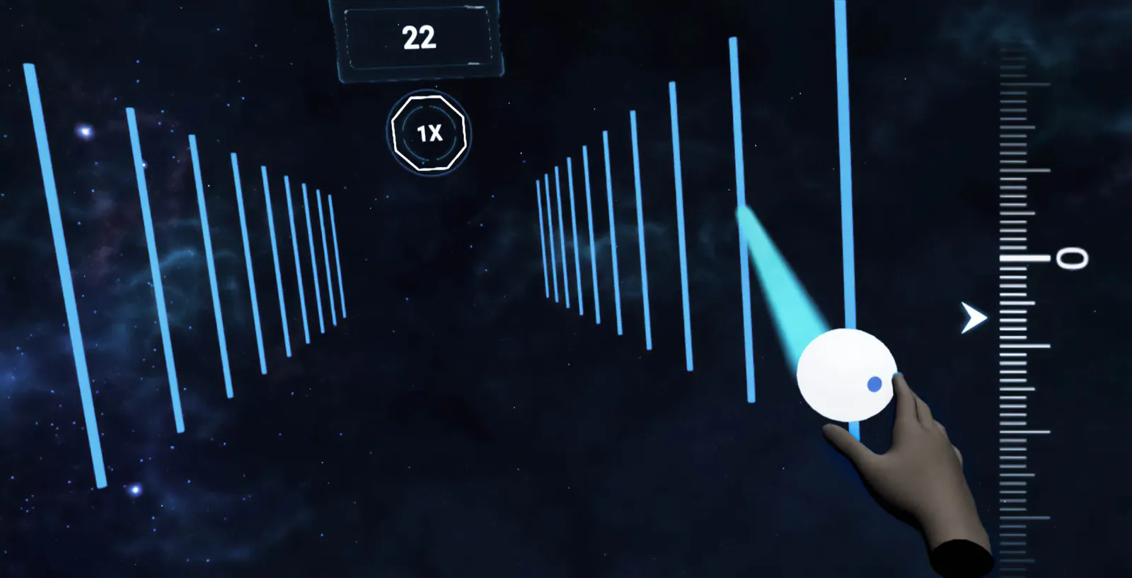 IMPROVR VR-Spielansicht mit Reaktionsbahnen und Punktestand