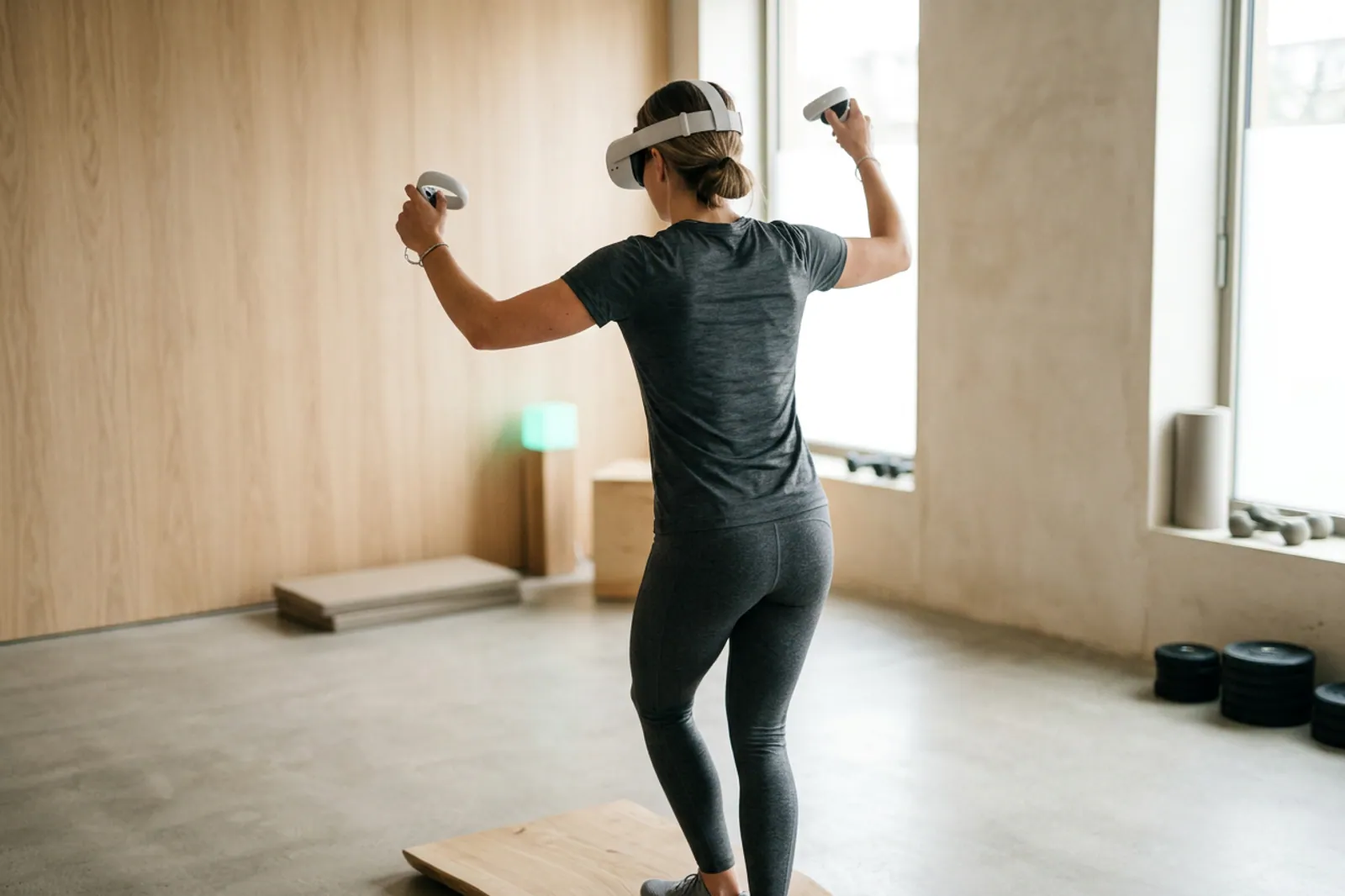 Sportlerin von hinten mit VR-Headset und Controllern bei einer Gleichgewichtsübung