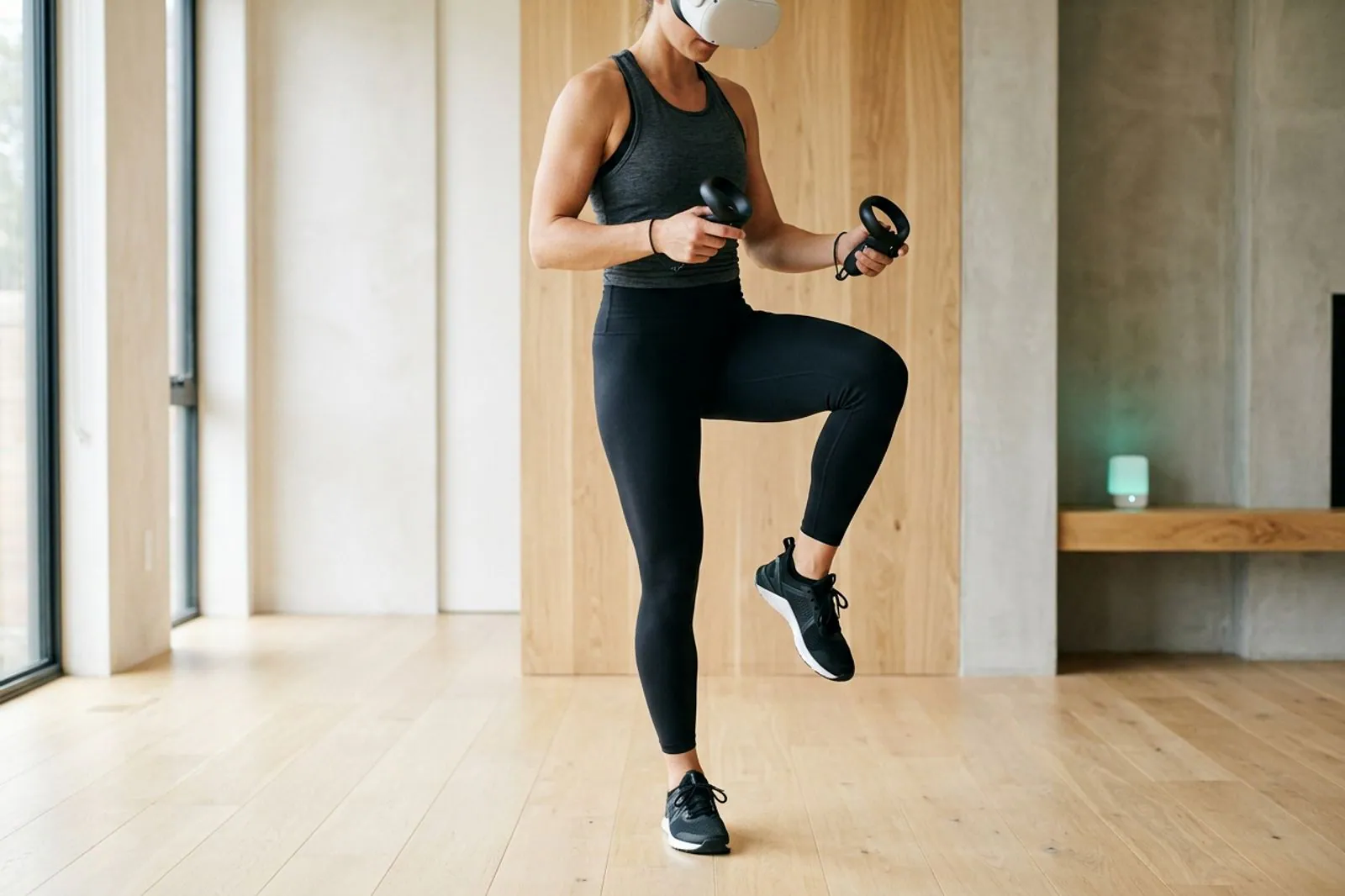 Athletin balanciert auf einem Bein bei einer Stabilitätsübung mit VR-Headset