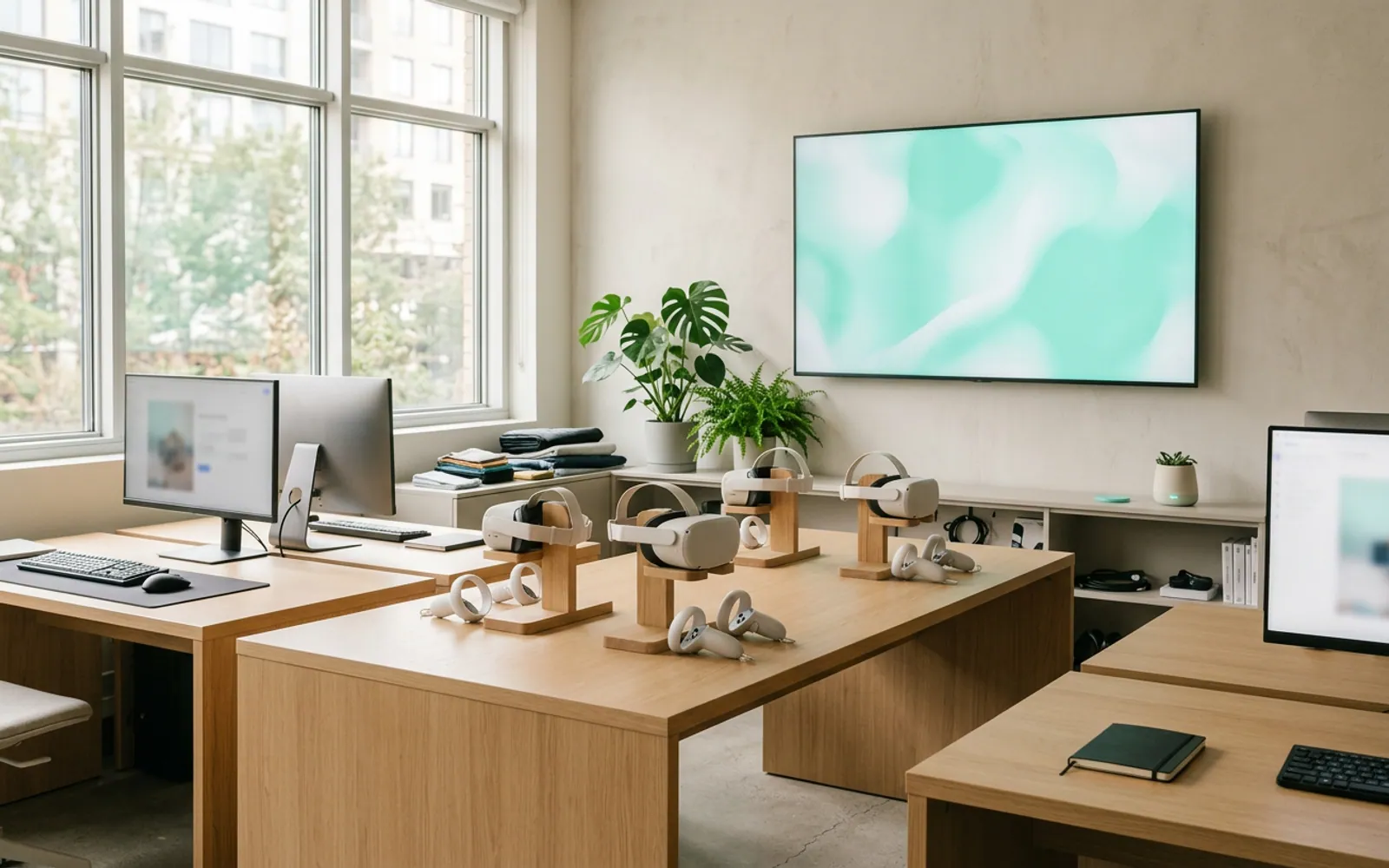 Helles modernes Sports-Tech-Studio mit Holztischen, VR-Headsets und Pflanzen