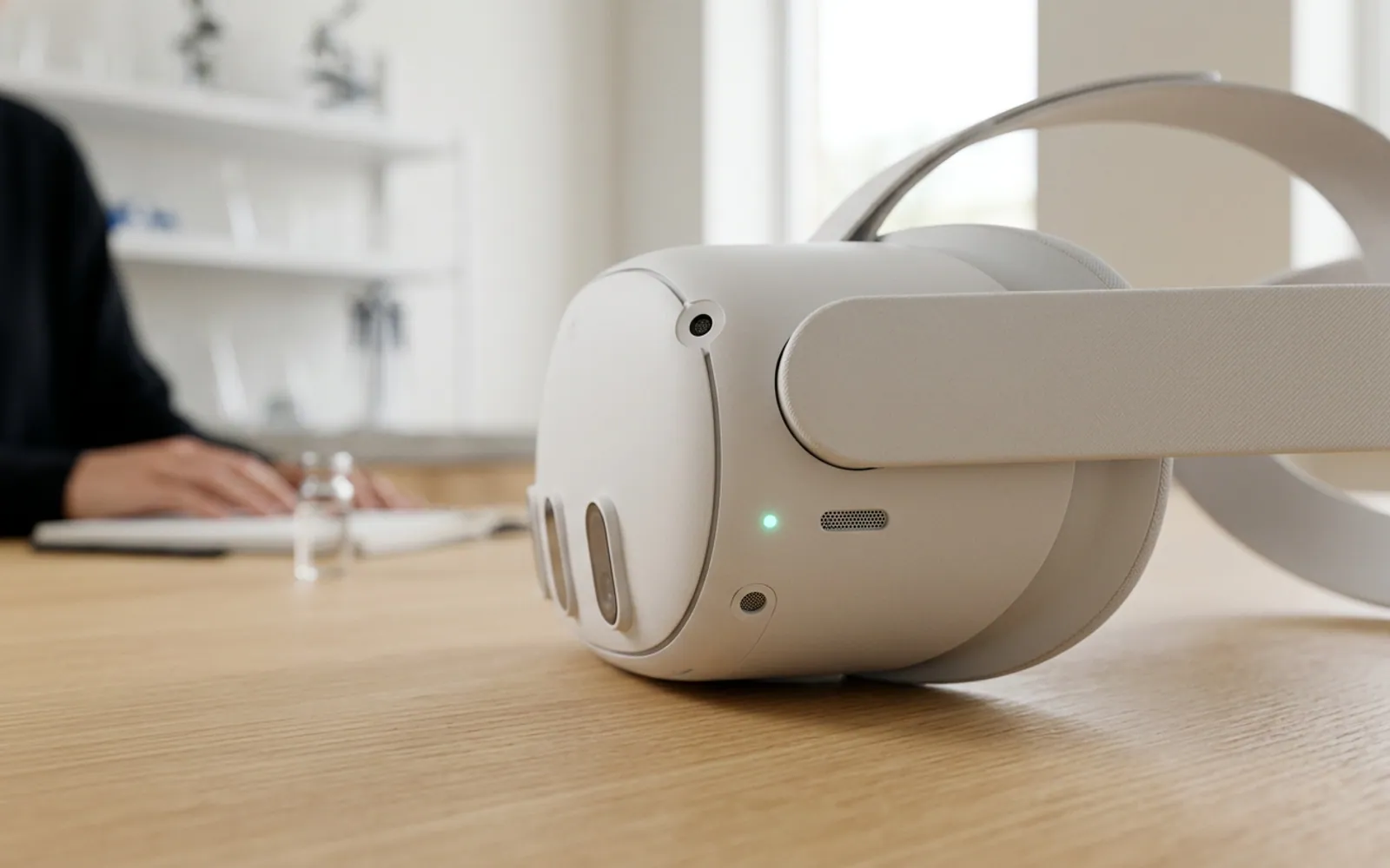 Makroaufnahme eines mattweißen Mixed-Reality-Headsets auf hellem Holztisch in einem lichtdurchfluteten Studio
