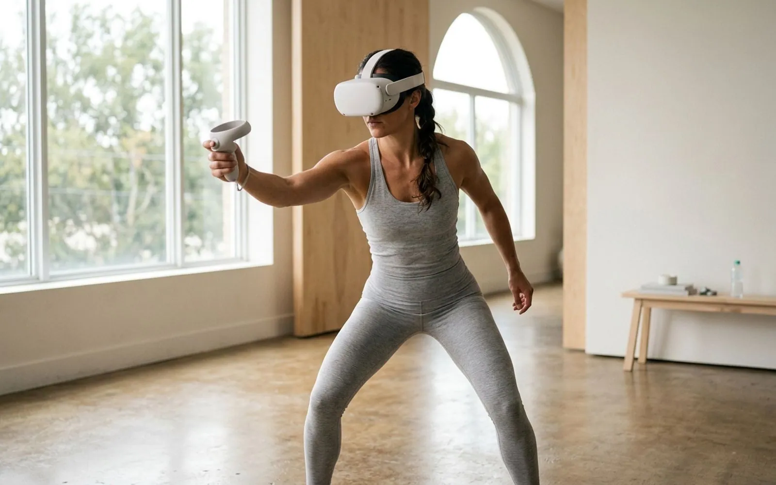 Athletin mit Mixed-Reality-Headset und Controller in einer athletischen Haltung, helles Studio