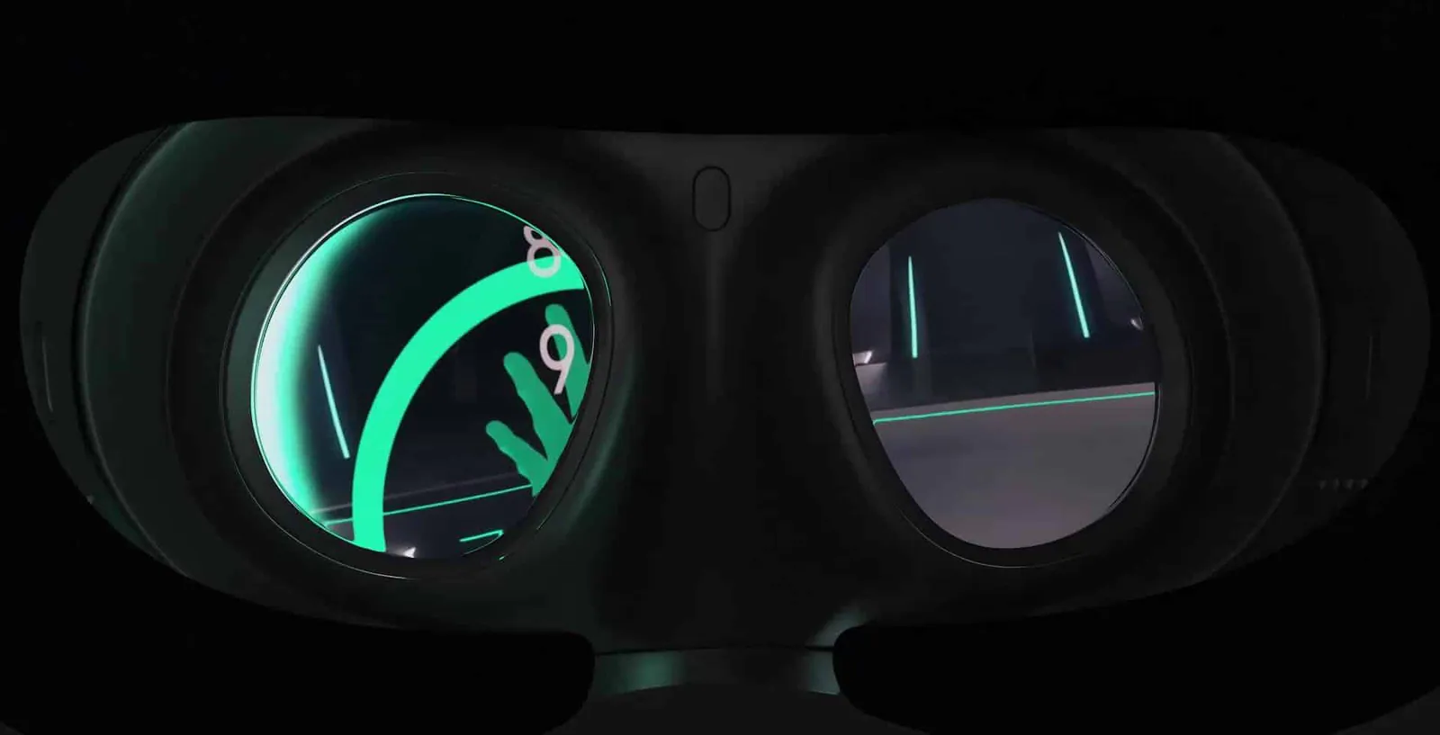 Blick durch die Linsen eines VR-Headsets auf ein mintfarbenes Trainingsspiel