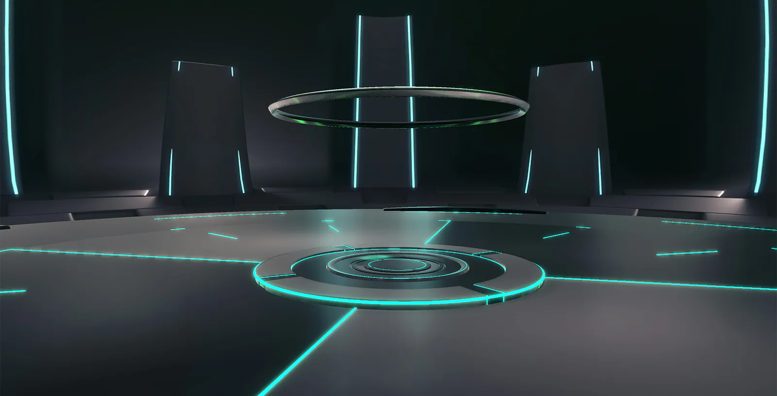 Futuristische VR-Trainingsarena mit mintfarbenen Lichtakzenten