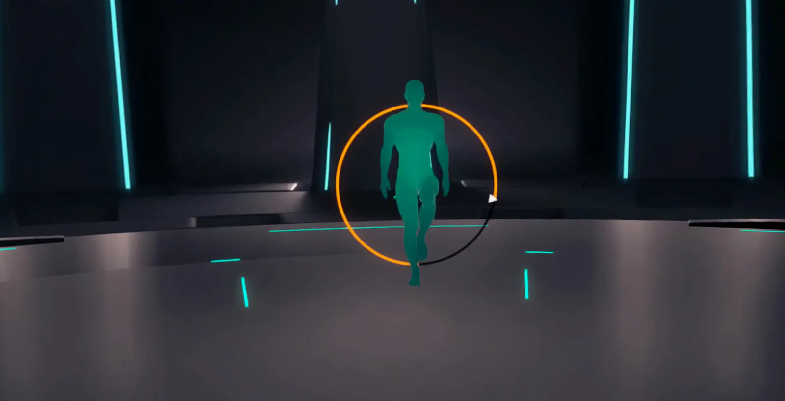 VR-Trainingsszene mit Avatar-Figur und Bewegungsindikator